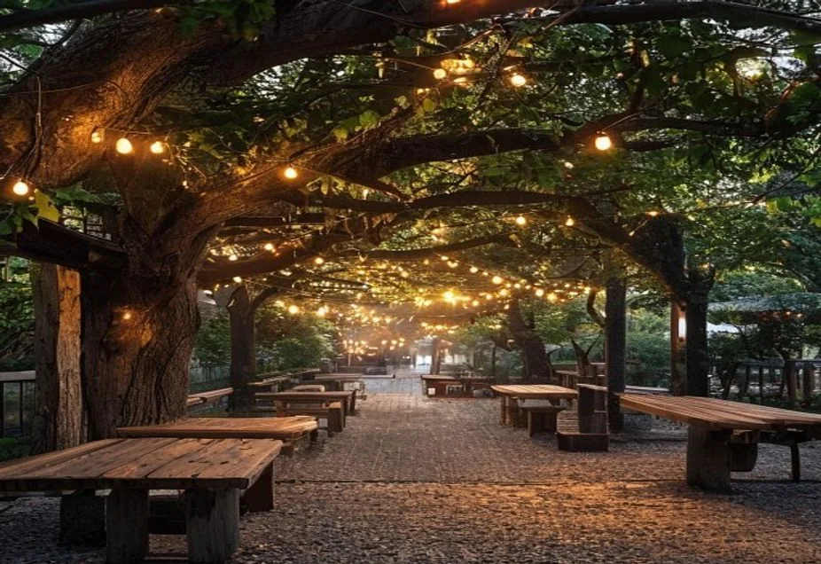 Biergarten-Terrasse des Brückenhauses unter alten Bäumen mit Lichterketten