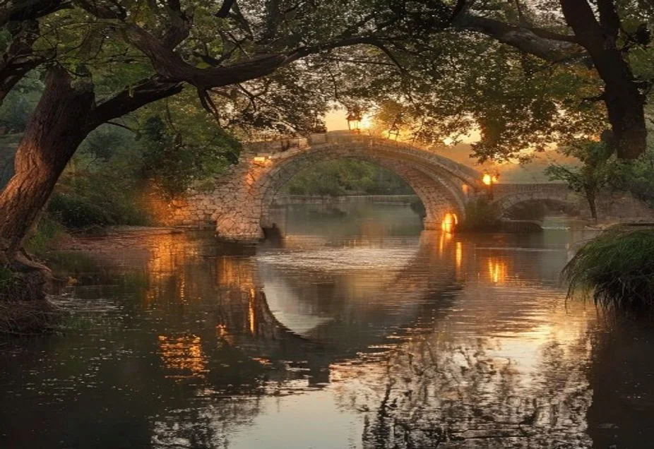 Die Neckarbrücke beim Brückenhaus im warmen Abendlicht